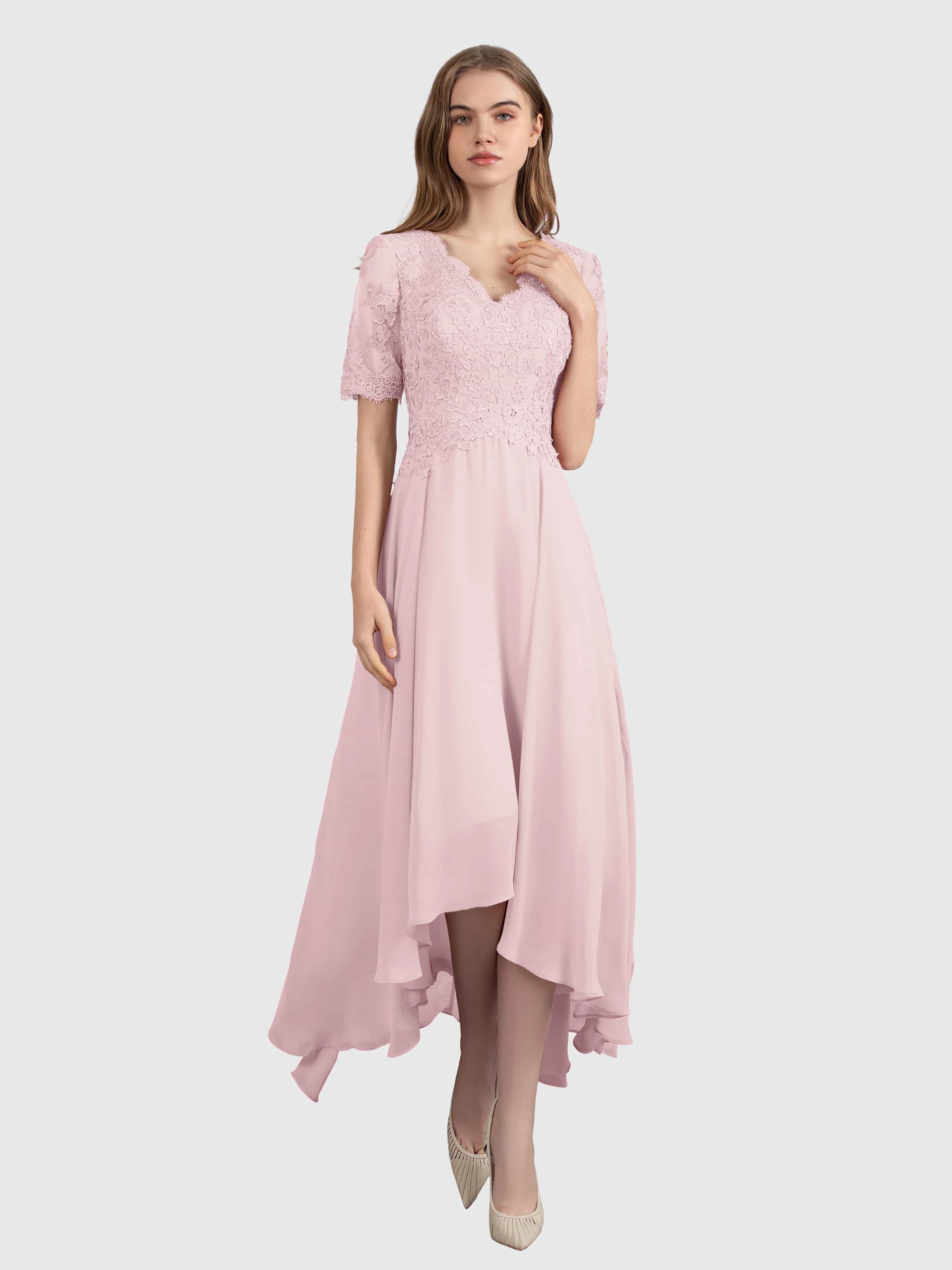 Vestido de noite elegante com mangas com babados, plissado V Neck Midi, A Line Chiffon, convidado do casamento, Forever Beautiful, 2024