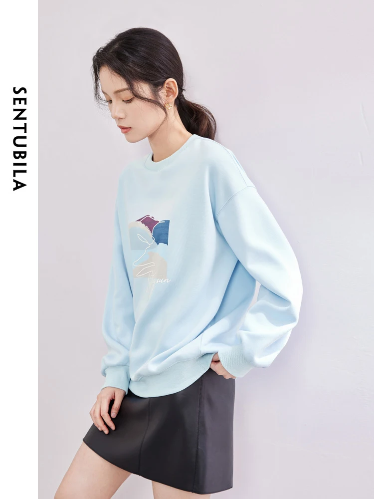 SENTUBILA Printed Drop Sleeves Lazy Style Sweatshirt 2024 Spring Straight Round Neck Pullovers Casual Long Sleeve Tops 141A53806