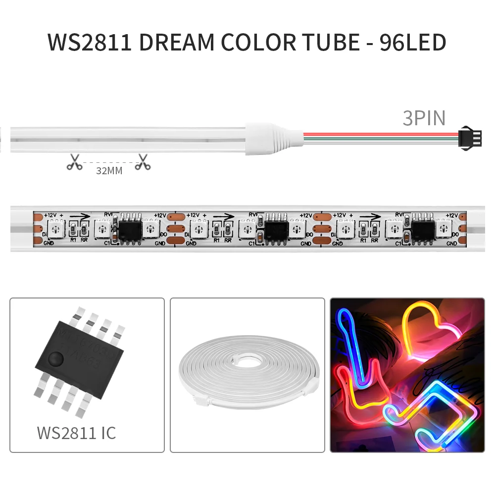 WS2811 RGBIC Neon LED Strip 96LEDs/M T0612 Silicone Neon Lights With Music Sync RGB Dreamcolor Chasing Tape for Room DC12V