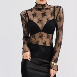 Sexy Lace Women Blouses Pullover Spring Autumn Thin Slim Fit T-Shirt Solid Turtleneck Long Sleeve See-though Mesh Sheer Tops