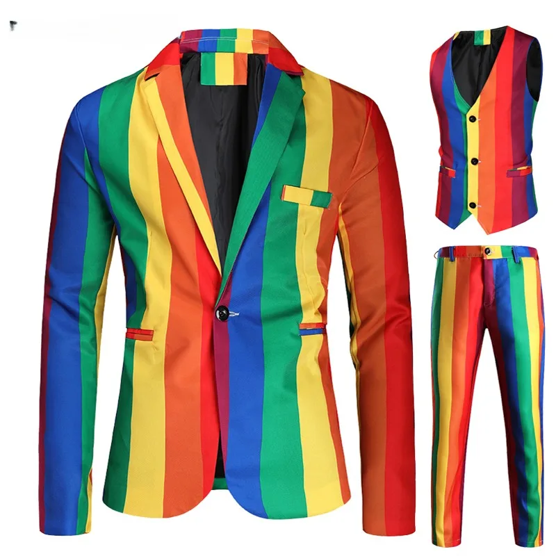 Men's Rainbow Stripe Printed Coat+Pants+Tank Top 3-piece Set for Men's Fashion Versatile Trendy Minimalist Ball Set