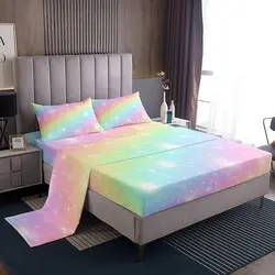 Rainbow Sheet Set Twin King Queen Size, Kids Stars Cartoon Multicolor Pastel, Chic Striped Girls Women Polyester Bedding Decor