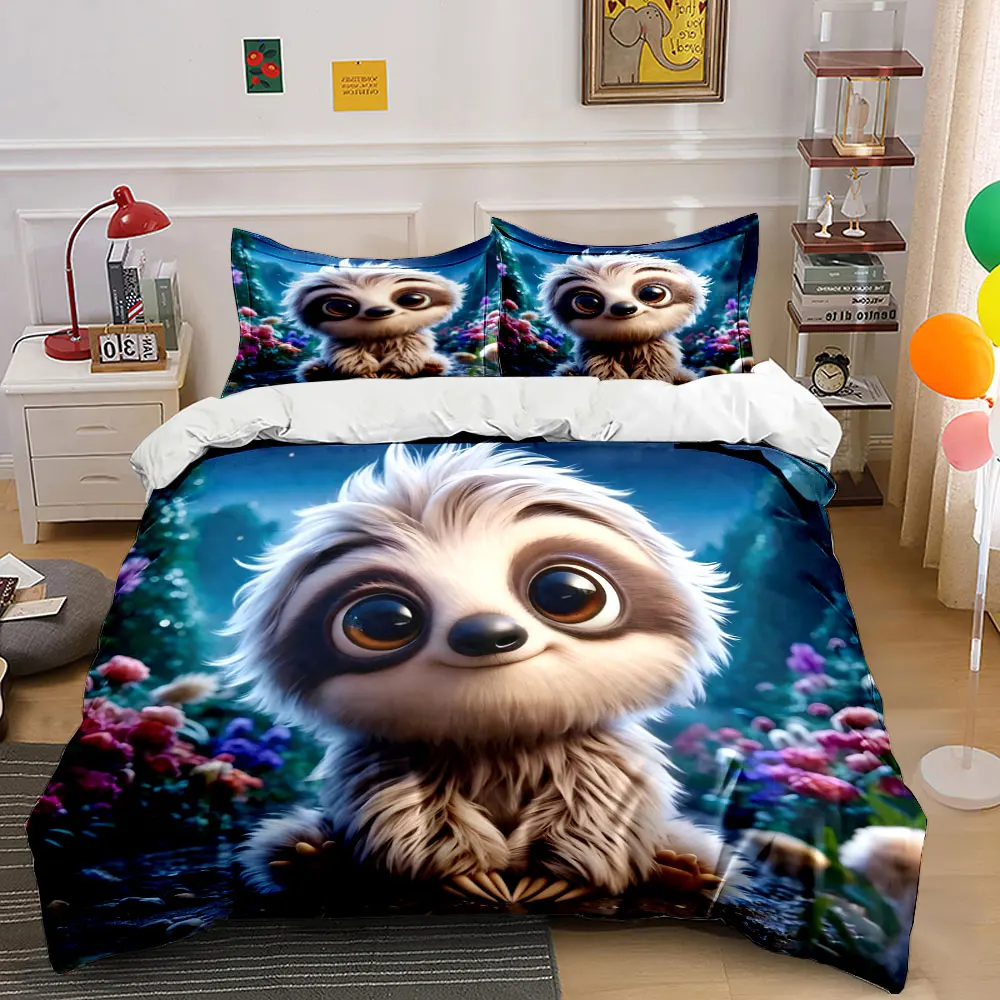 Cute animal sitting in flowers Print Bedding Set 1 Duvet Cover 2 Pillowcases for Adult and Children Luxury Gift Full Size