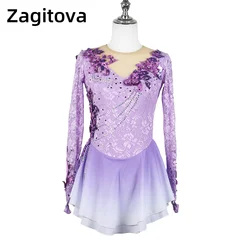 Zagitova Figure Skating Dress Women Girls Ice Skating Skirt Performance Competition Purple Gradient Colored Flowers Mesh Skirt