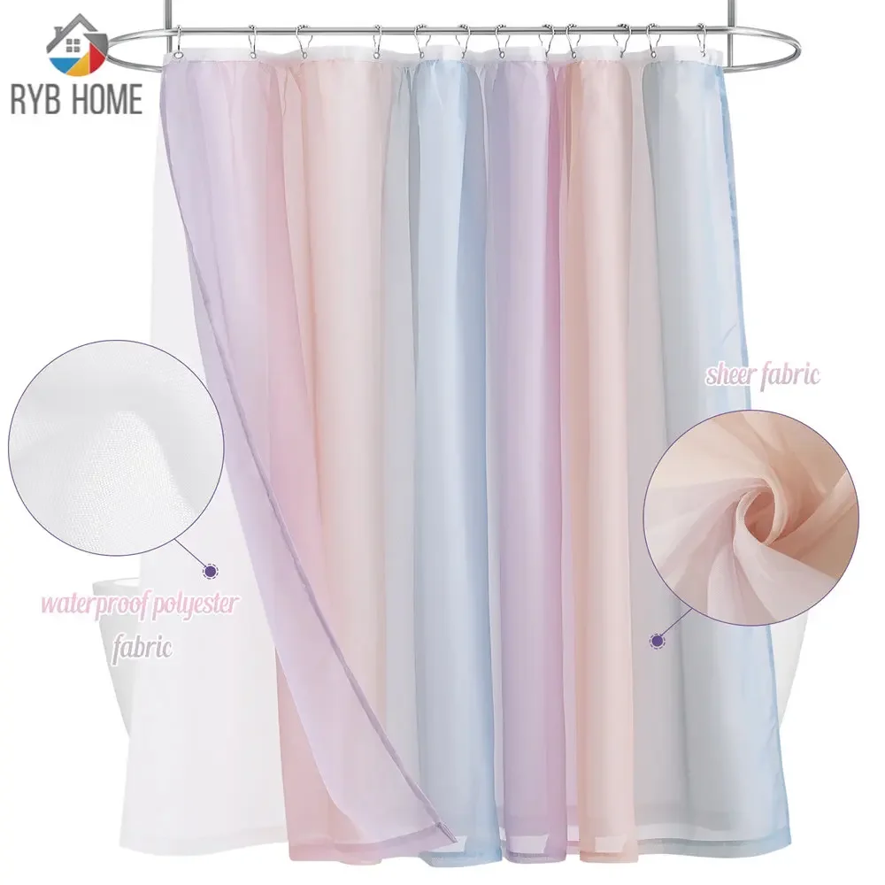 RYB HOME Gradient Shower Curtain Double Layers Sheer Curtains Polyester Washable Shower Curtain Hooks Screen for Bathroom