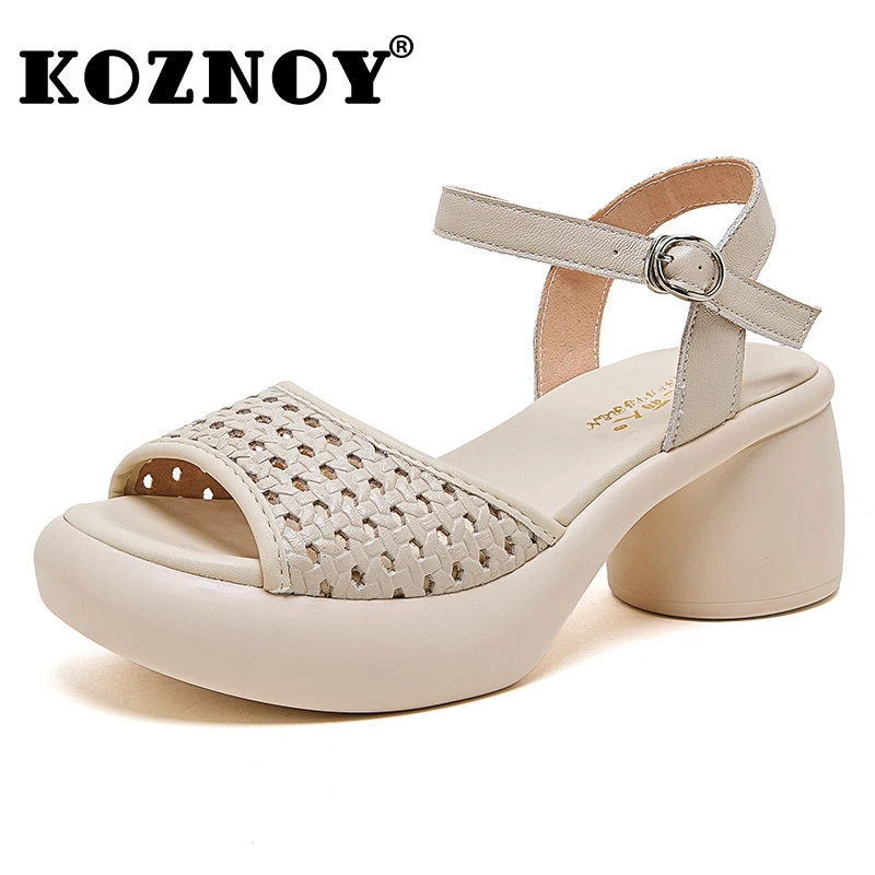 

Koznoy 7cm Cow Genuine Leather Buckle Pumps Peep Toe Flats Women Mary Jane Platform Wedge Booties Sandals Boots Summer Shoes