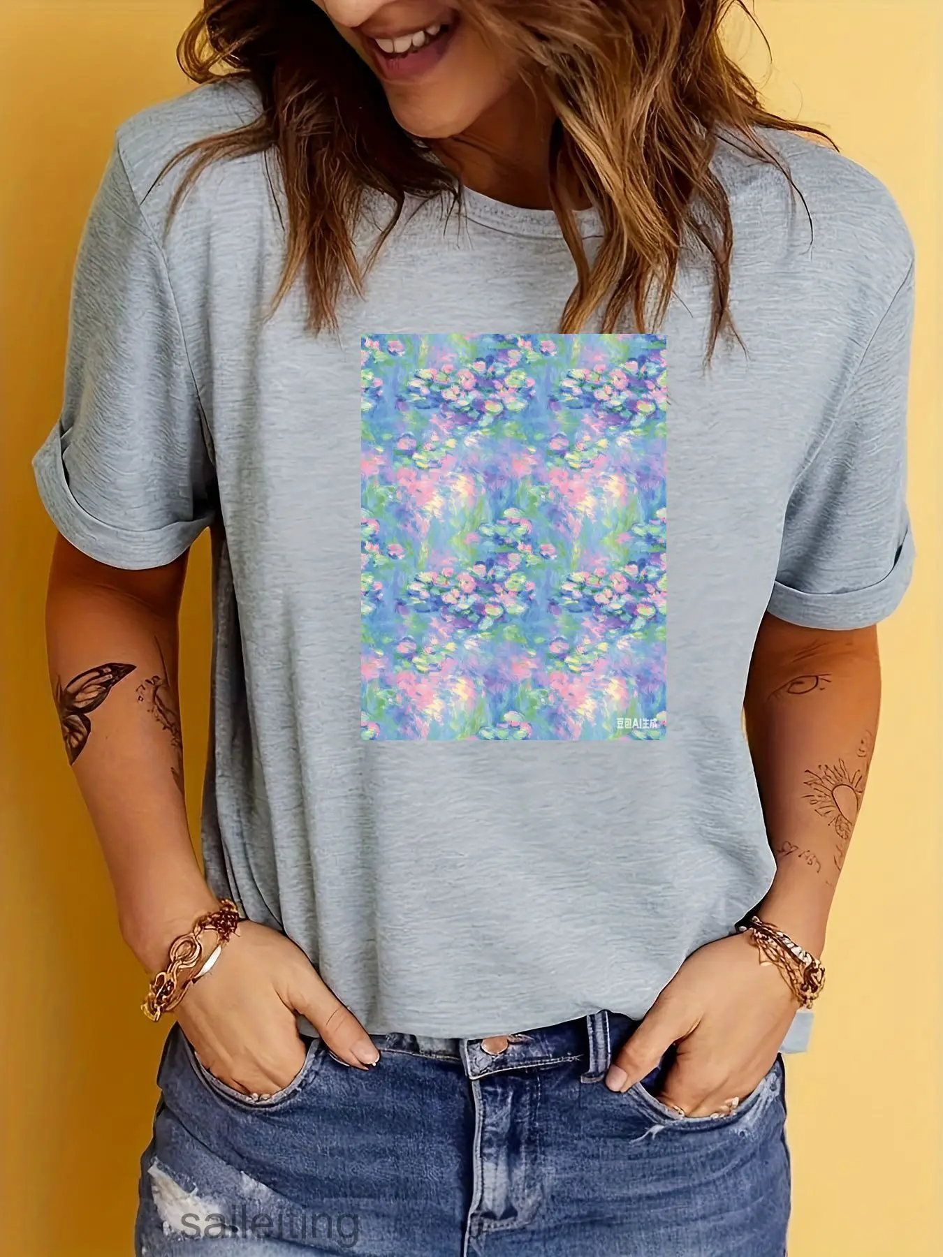 Abstract Floral Square Print T-Shirt for Women Men, Pastel Purple Pink Blue Green Design, Casual Short Sleeve Tee with Rolled