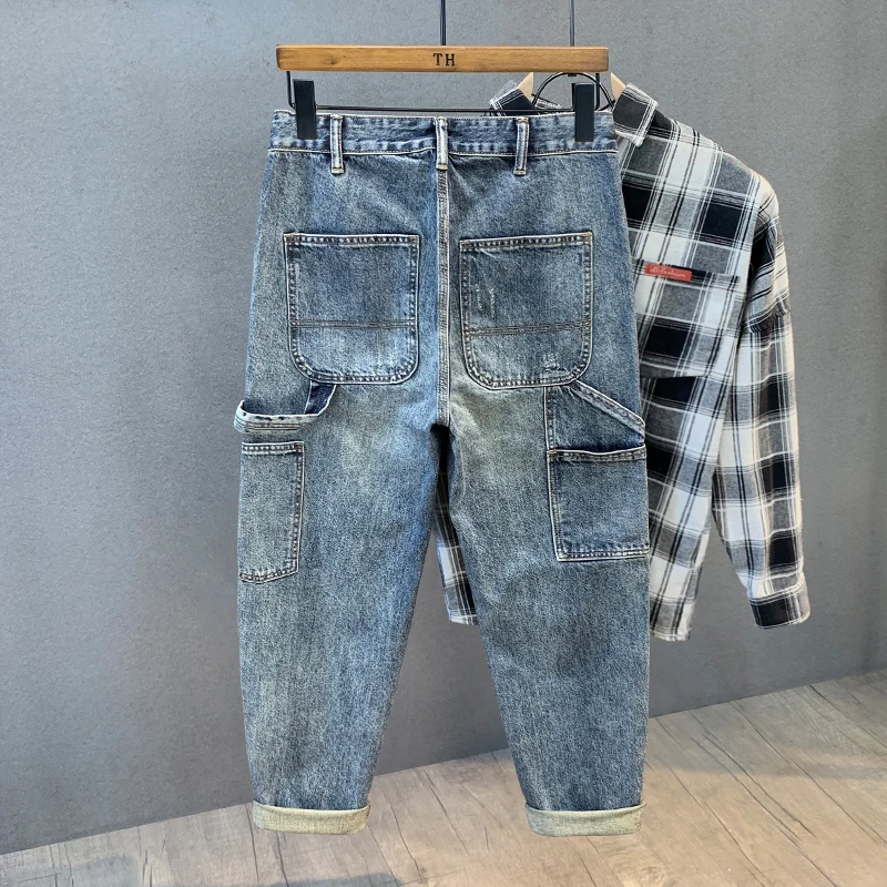 الأمريكية Sle الرجال عارضة فضفاض مستقيم الساق الجينز حفرة اللكم خمر العصرية العلامة التجارية عمال السراويل الطويلة الخريف الربيع #2