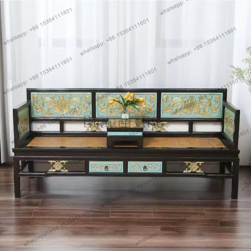 New Chinese style antique solid wood gold-painted carving elm Arhat bed sofa bed dual-purpose