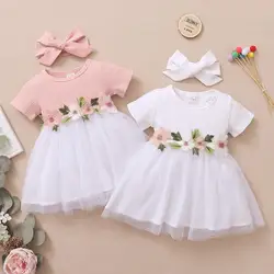 Infant Baby Girl Princess Dress Embroideried Flowers Short Sleeve Flower Tulle Skirt Girls Party Dresses for Toddler 0-3 Years