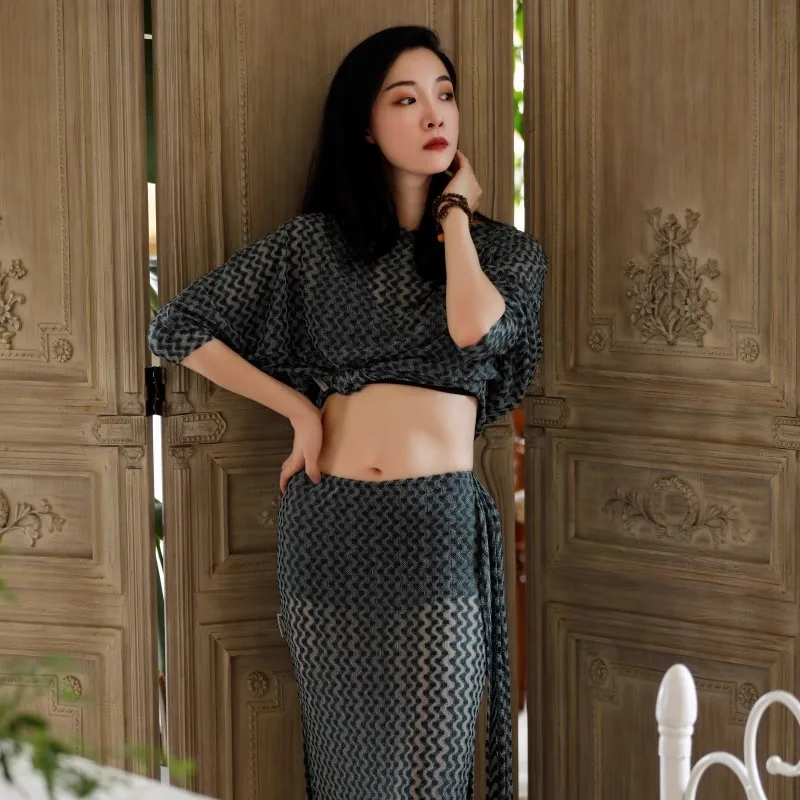 맞춤형 밸리 댄서 의상 오리엔탈 댄스 연습 복장 나비 슬리브 탑 엉덩이 포옹 스커트 섹시