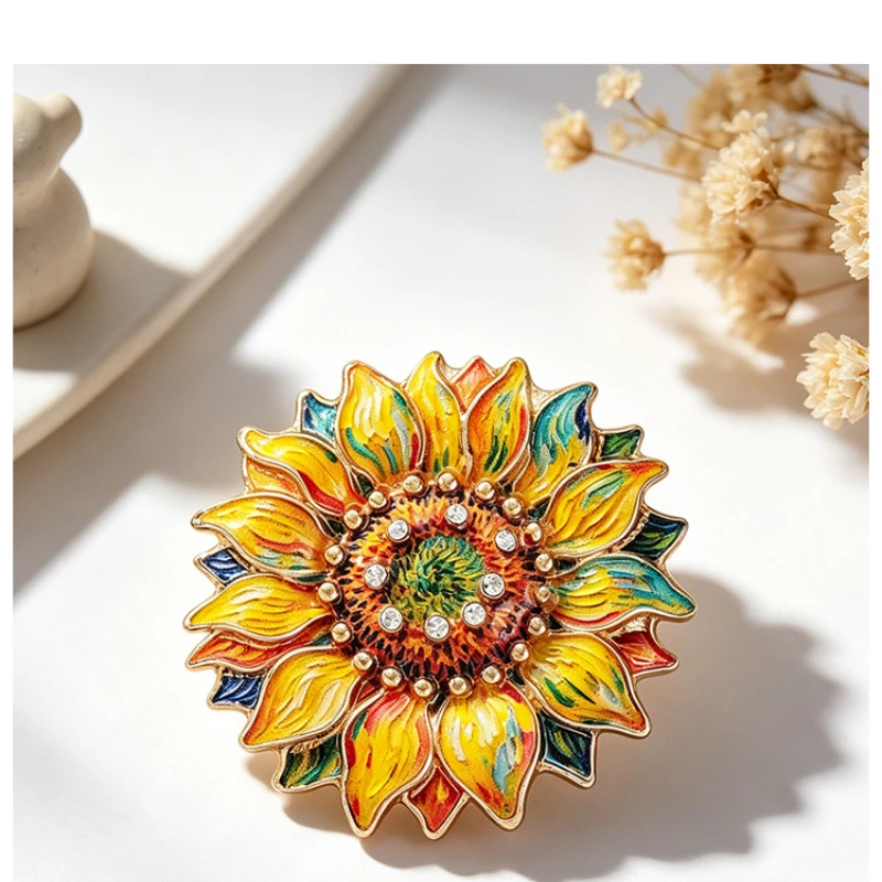 Vintage Van Gogh Style Sunflower Brooch Colorful Enamel Rhinestone Flower Lapel Pin Floral Badge Dress Backpack Decor Accessorie