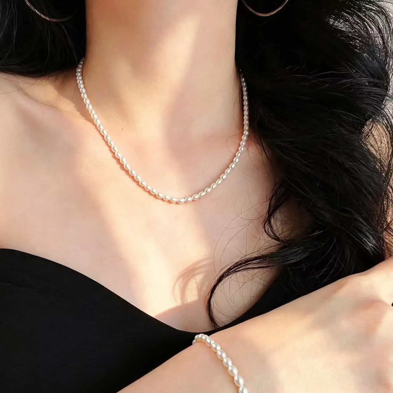 Baby Rice Pearl Jewelry Set, Flawless Natural Freshwater Pearls with Exceptional Strong Luster, Choker Bracelet Gift Set for Her