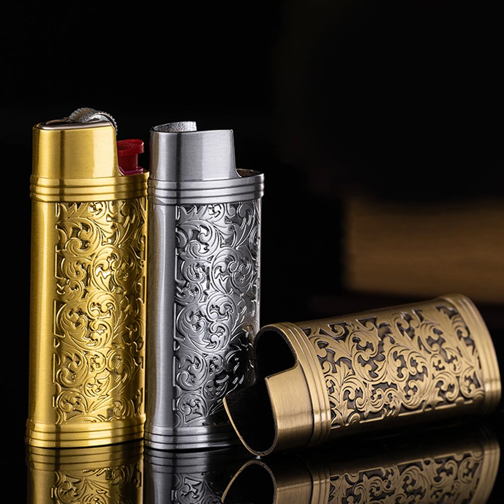 Vintage BIC J5 Gas Lighter Cover Holder Pouches Arabesque Hollow Carving Lighters Cover Metal Case Lighter Protection Case