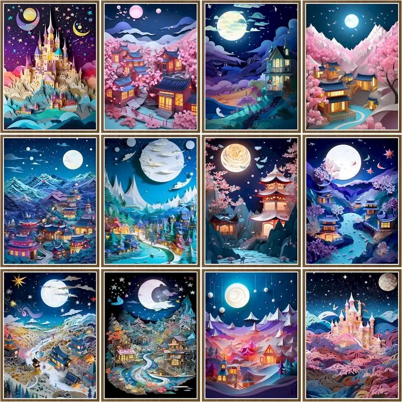 

CHENISTORY Pictures By Numbers Scenery Of Houses Under The Moon Kits Coloring By Number Drawing On Canvas Home Decor