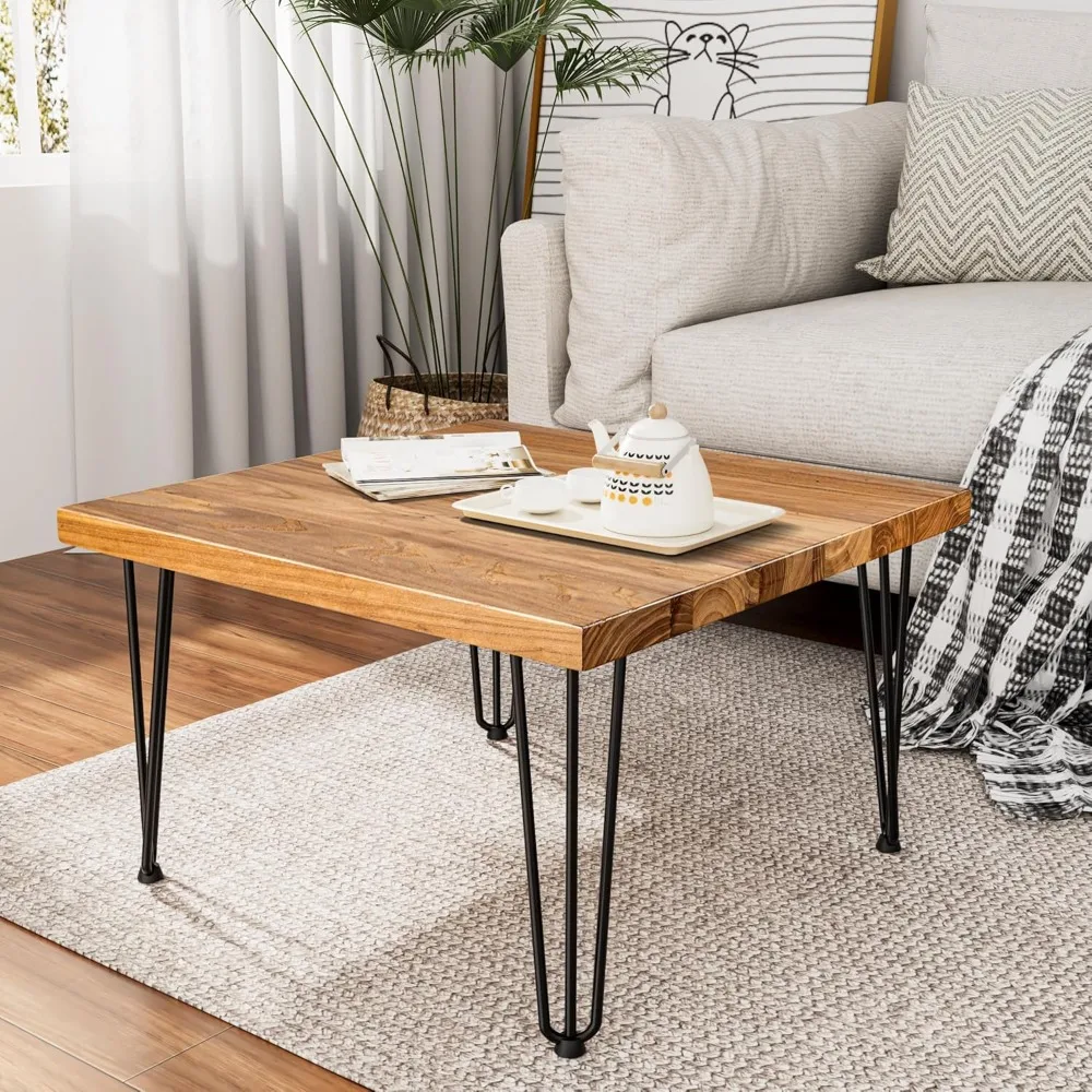 

Rustic Wood Square Coffee Table with Metal Legs, Solid Elm Wood Top and Non-Slip Feet Pads - Farmhouse Style for Living Room