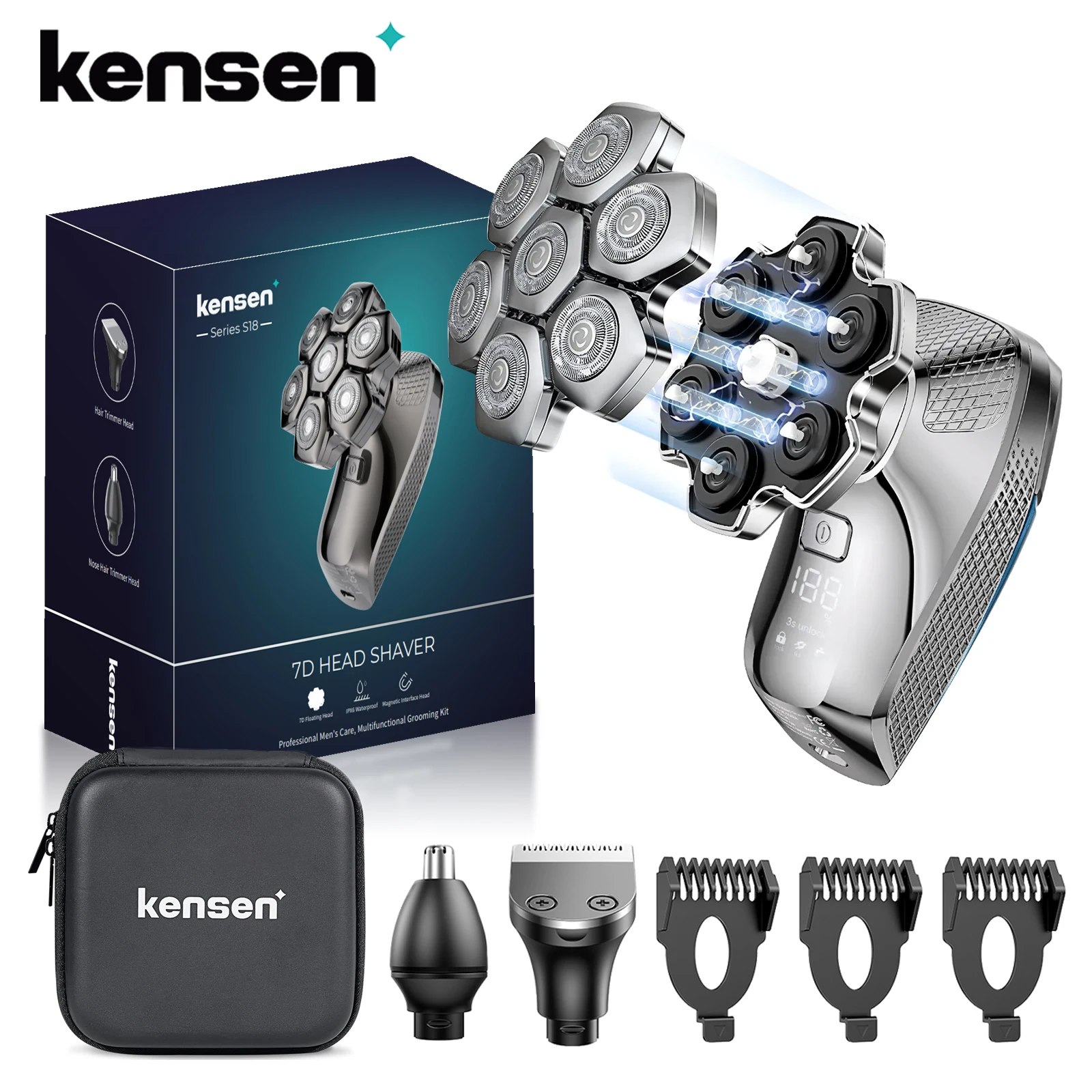 Kensen S18 tête rasoirs pour hommes chauve 7D affichage LED rasoir Rechargeable Kit de toilettage magnétique 5 en 1 rasoir électrique tondeuse à cheveux