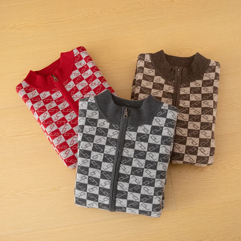 

Мужское пальто, зимний утепленный новый свитер из 100% мериносовой шерсти, деловой повседневный кардиган на молнии с высоким воротником и длинными рукавами, вязаная куртка