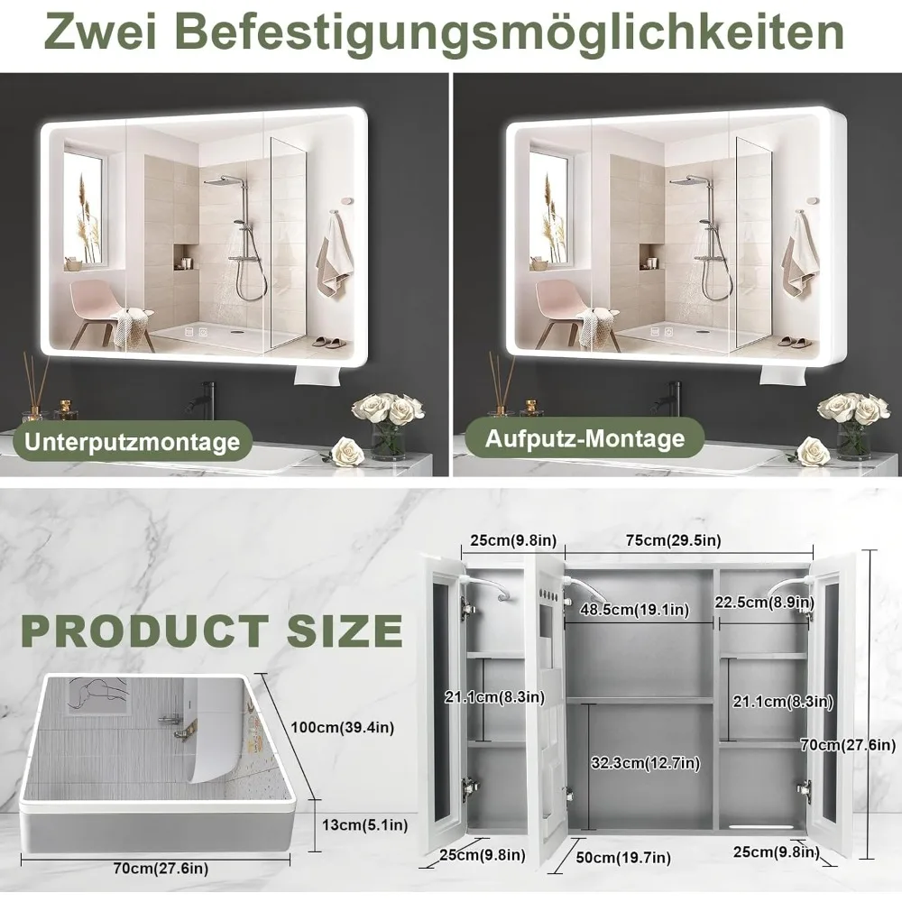 Lemari Obat, Lemari Kamar Mandi dengan 3 Pintu, Lampu LED, Penghilang Embun, Lemari Cermin dengan 8 Rak Penyimpanan