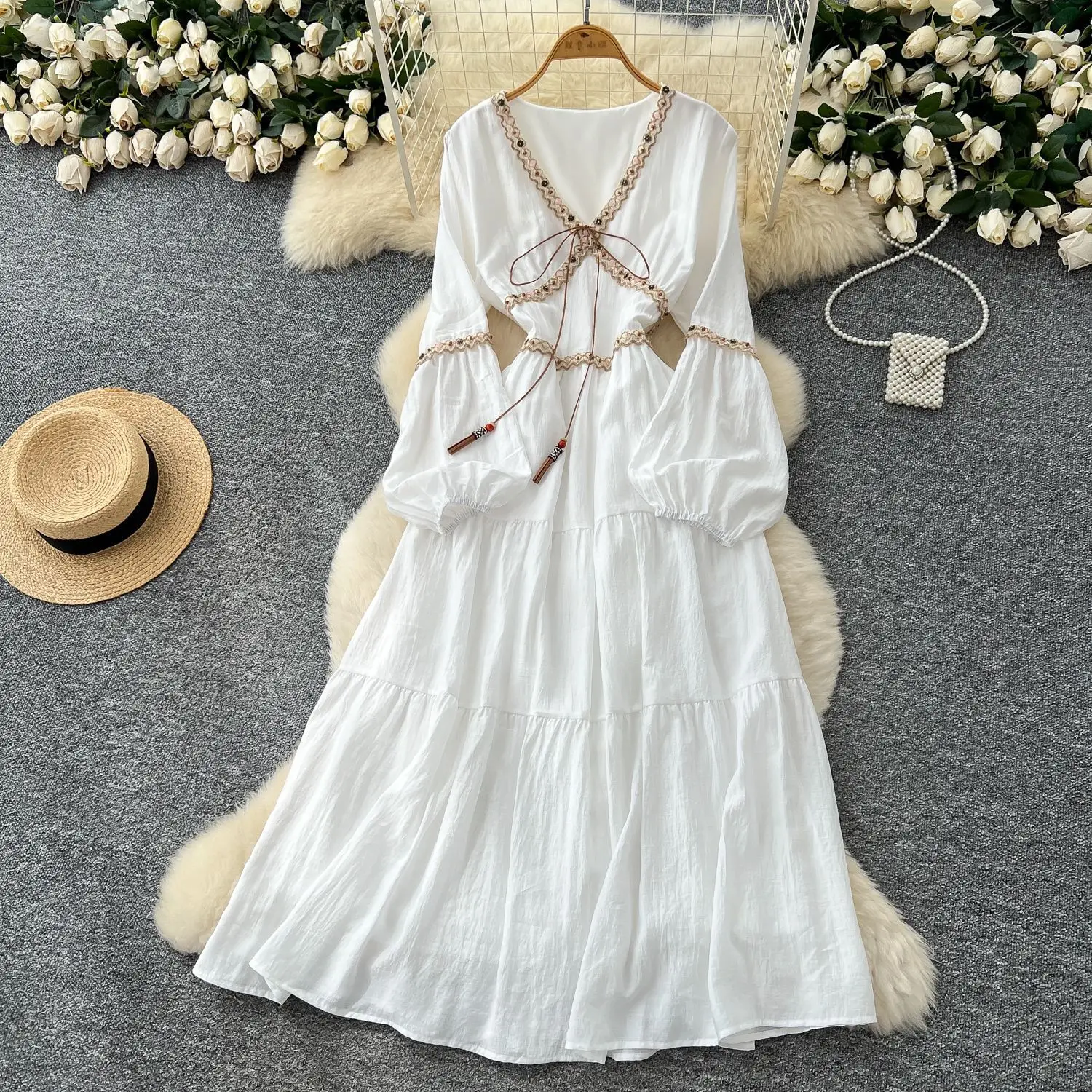 

Long Dress Women Dresses White A Line Vestidos V Neck Puff Sleeve High Waist Elegant Splice Y2k Streetwear Party Night Work 2025