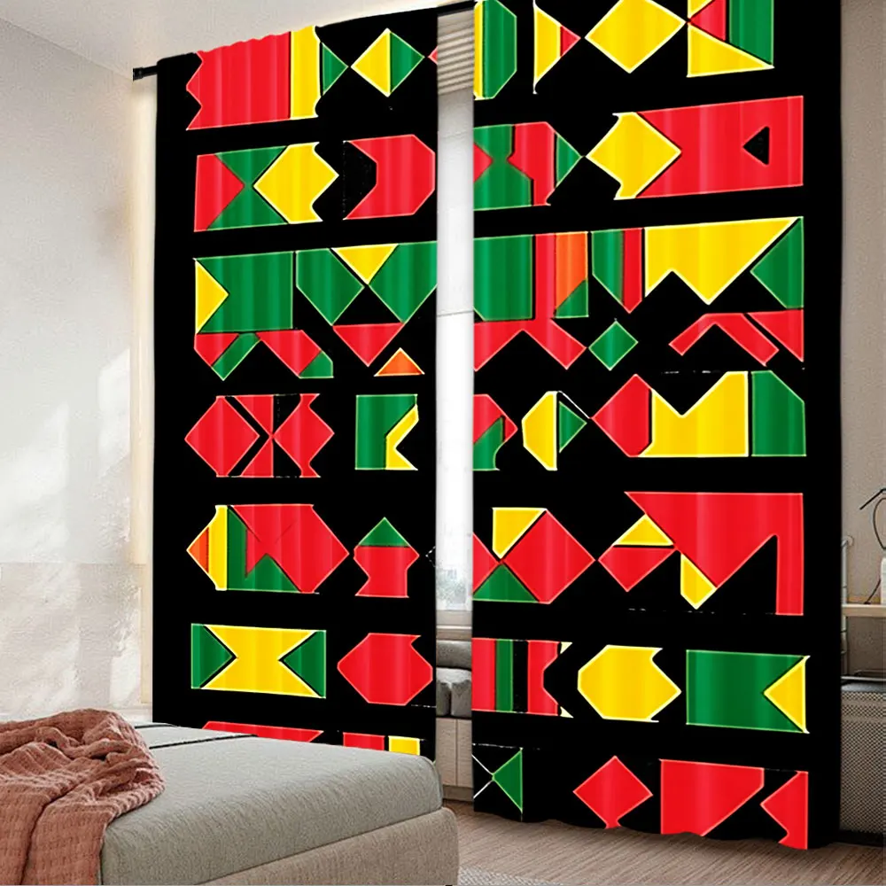 2Pcs Kente Pattern Curtain Stripes Triangles And Zigzags Uganda Zimbabwe Nigeria Graphic For Bedroom Living Room And Dining Room