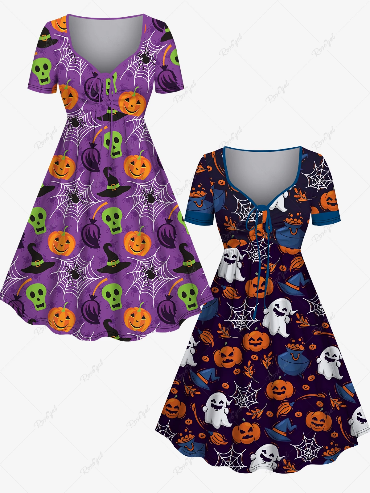 

Plus Size Women's Halloween Costume Spooky Pumpkin Spider Web Skull Hat Print Holidays Or Daily Casual New in Drawstring Dress