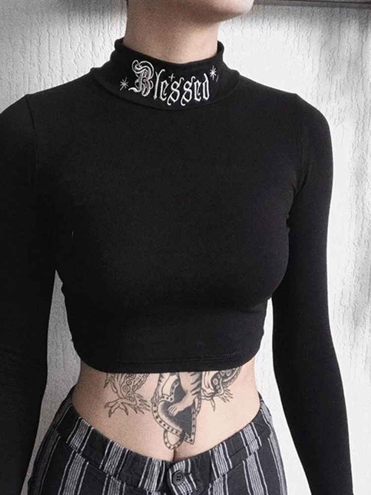 

Women Black Bodycon Long Sleeve Crop Tops Gothic Harajuku Letter Embroidery Vintage Solid Tops Female Casual Basic Tops