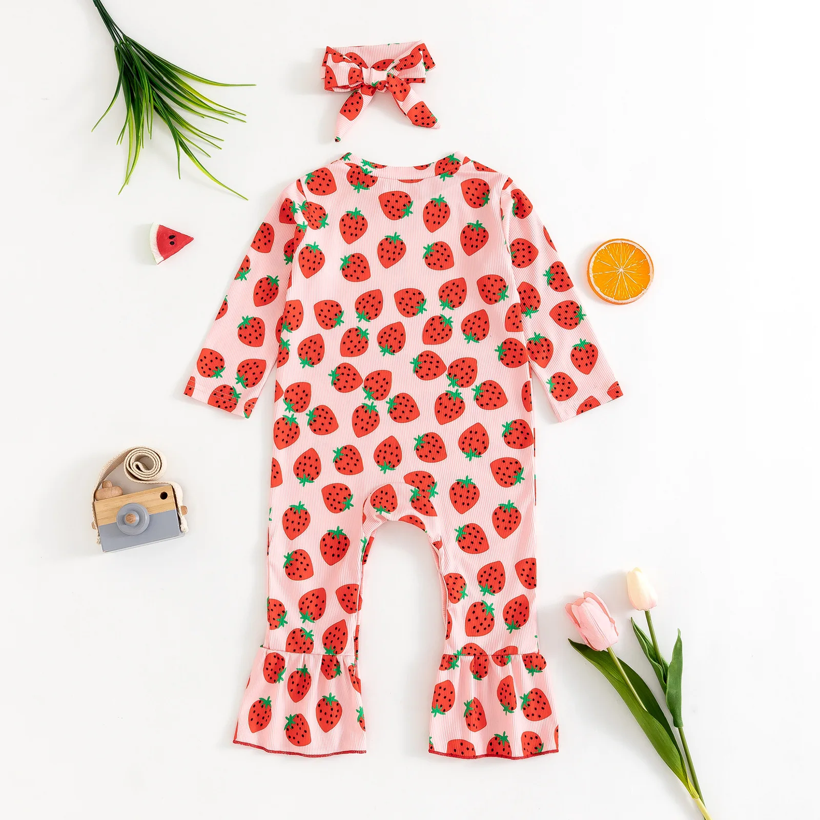 Baby Girl Long Sleeve Strawberry Print Romper with Headband Infant Clothing Set Cute Kids Outfit with Hat Included