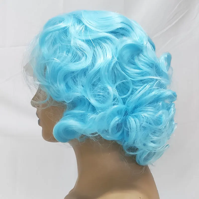 OLEY Drag Queen Synthetic Wig 12 Inches 180% Density Heat Resistant Fiber Light Blue Wavy Wig For Women Cosplay Glueless Peluca