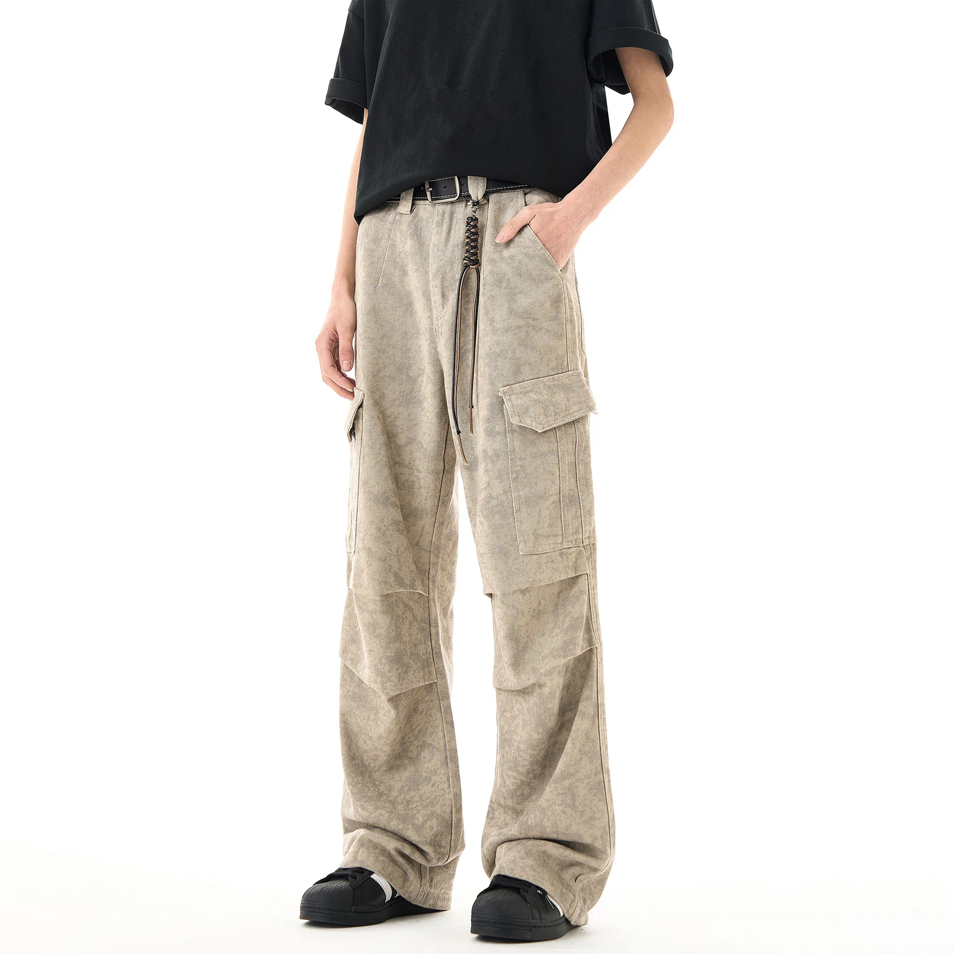 

2025 American High Street New Fashion Men's Basic Printed Straight Wide Leg Loose Multi Pocket Trousers Male Casual Trendy Pants