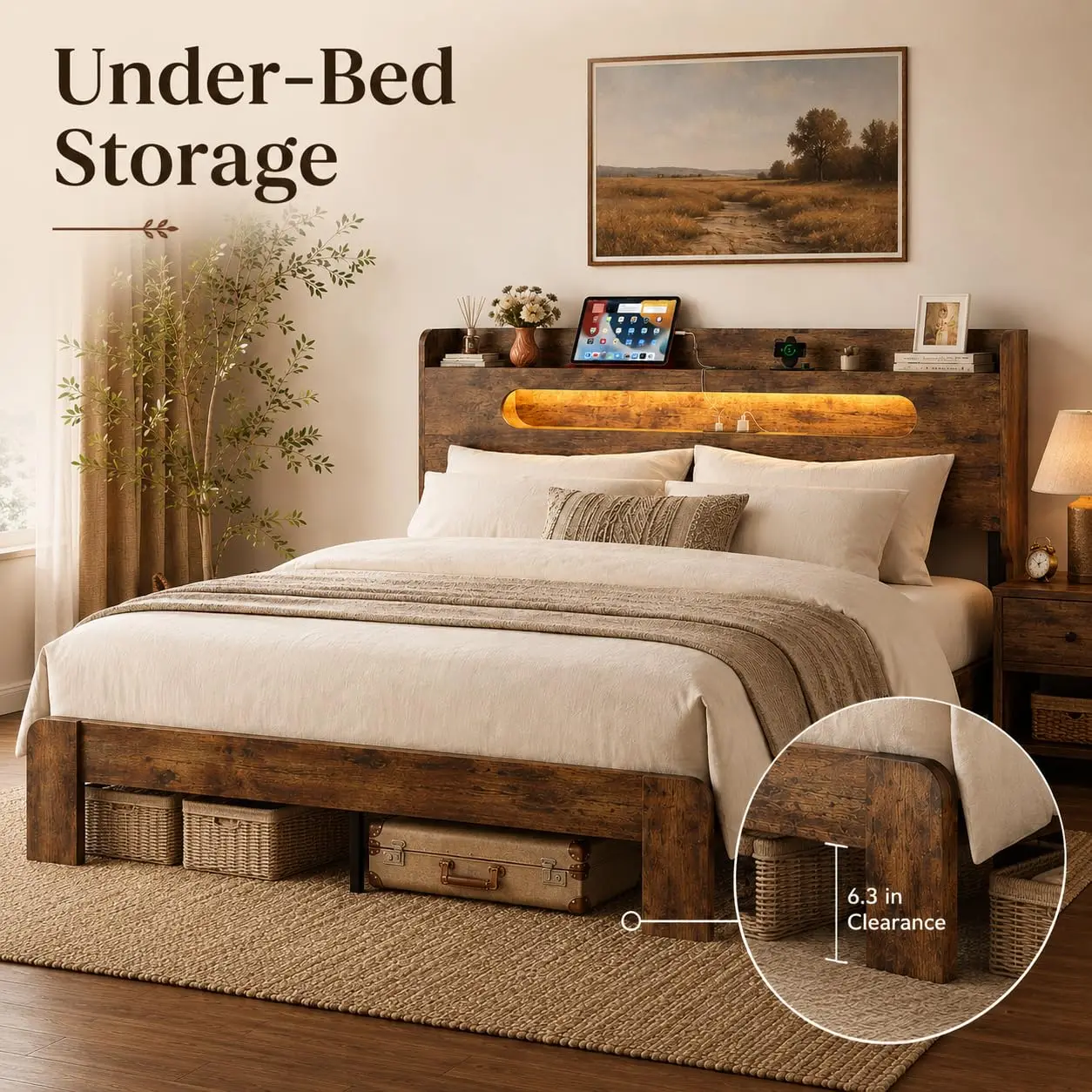 Wood Bed Frame Storage Headboard USB Charging No Box Spring Easy Assembly, Customized image 5
