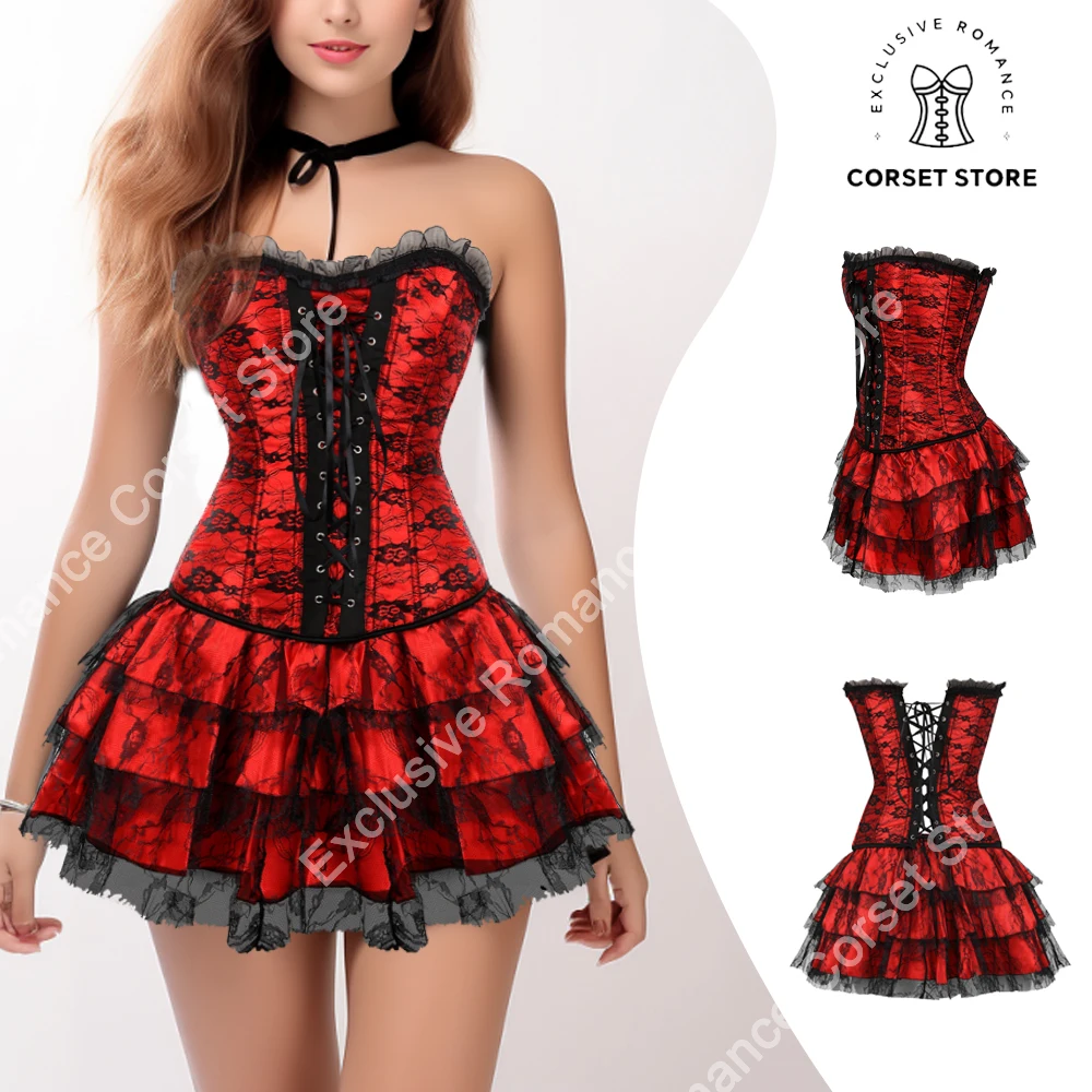 Sexy Corset for Women Plus Size Costume Overbust Vintage Corset and Skirt Set tutu Corselet Victorian Gowns Red Black Purple