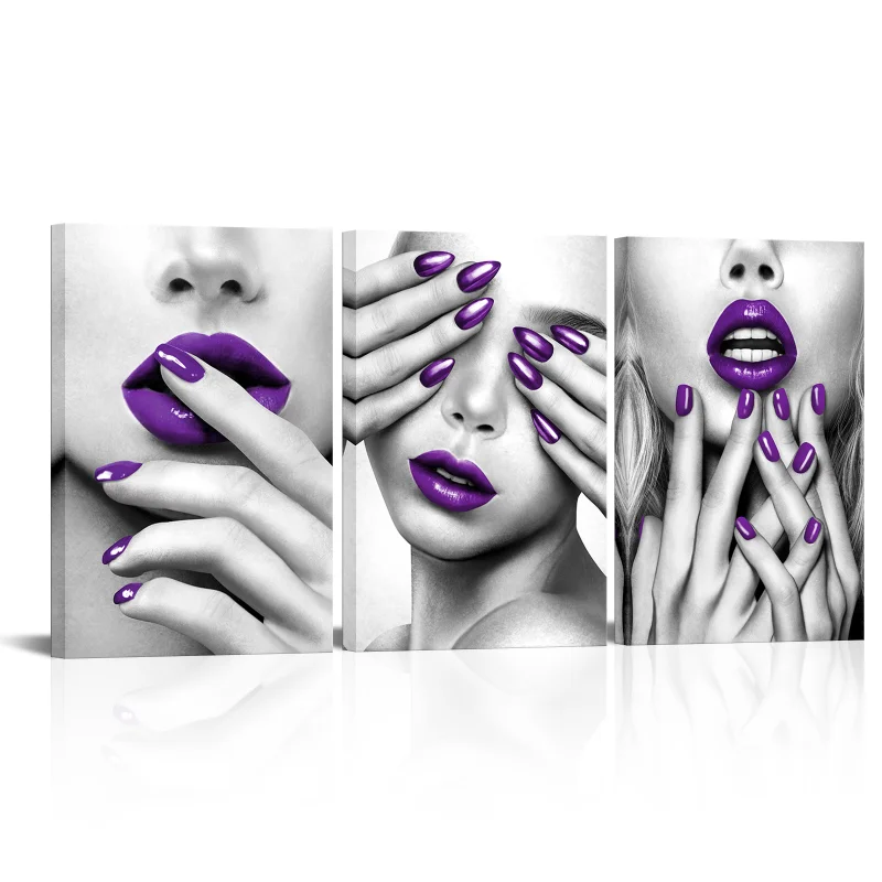 3 Pieces Beautiful Lady Home Decor Poster Purple Lipstick Print Canvas Painting Modern Style Picture Living Room Wall Art