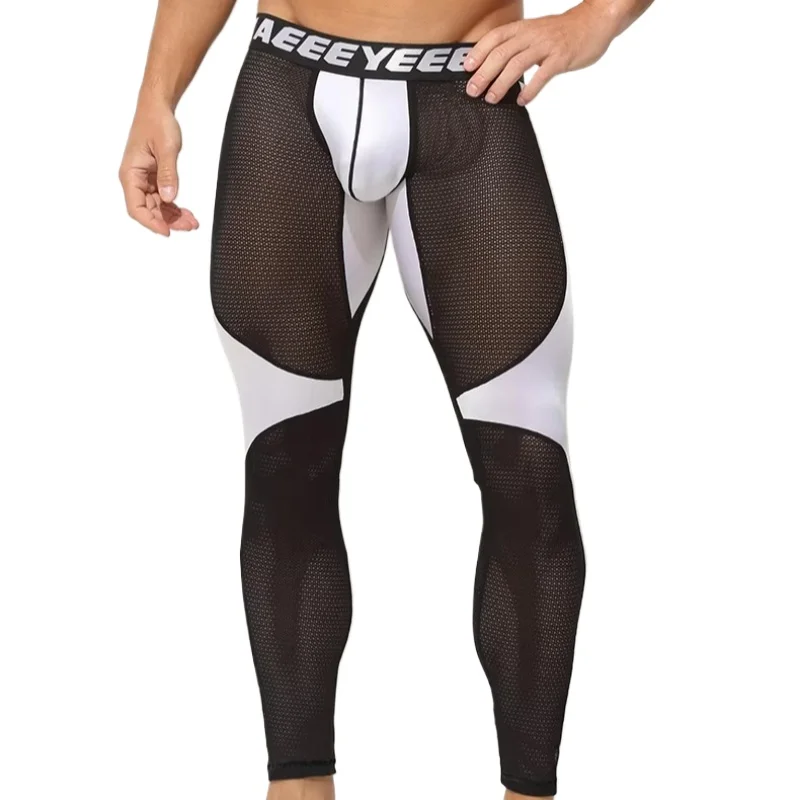 Sports Mens Thermal Underwear Bottoms See-Through Ice Silk Body Sculpting Sexy Men Pants Mesh Thin Seamless Long Johns Tights