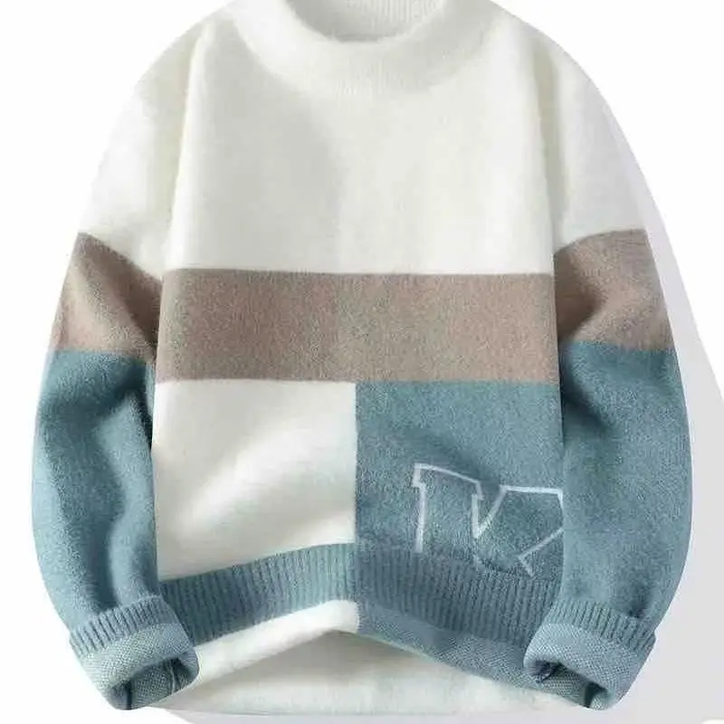 Herbst Winter Neue Nerz Pullover Männer Mock Neck Kontrast Farbe Mode Lässig Verdicken Warme Pullover Langarm Gestrickte Tops