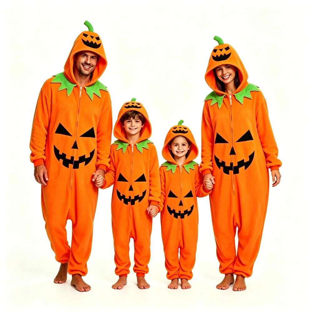 Family Matching Onesie Pajamas Flannel Hooded Jumpsuit Adult Kids Halloween Cosplay Costume Skeleton Pumpkin Clown Deer Pyjamas