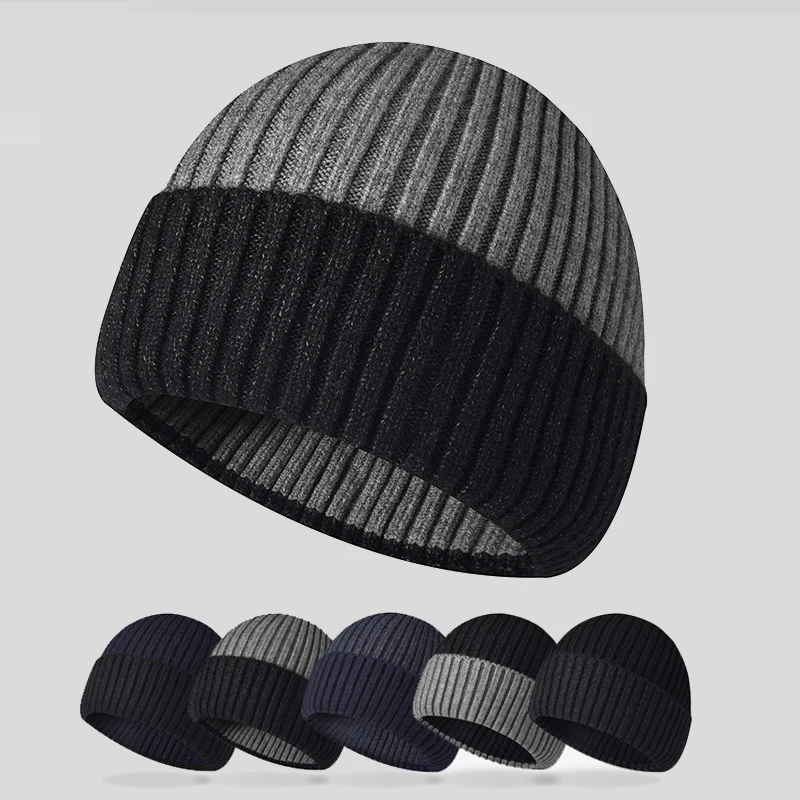 Winter Beanie Hats for Men Rabbit Fur Knitted Bicolor Mens Cap cuffed hat