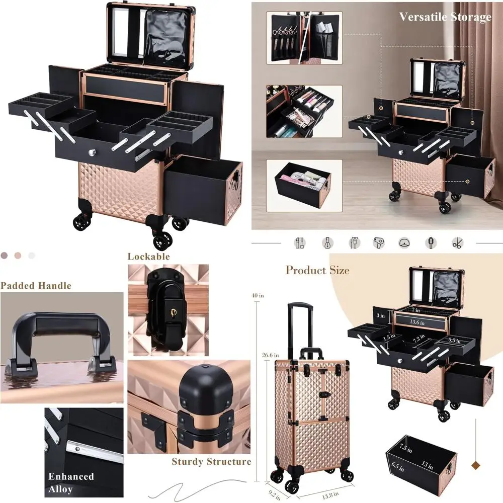 전문가용 로즈 골드 롤링 메이크업 트레인 케이스 - 네일 기술자, 미용사 등을 위한 대형 다기능 트롤리 수납함