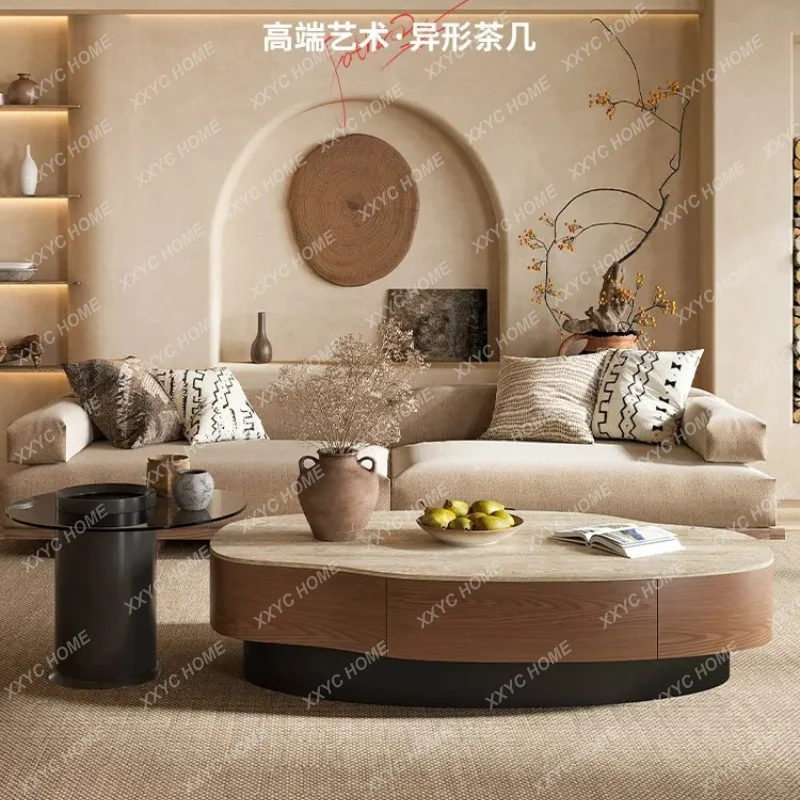 XX wood grain special-shaped coffee table living room middle ancient oval solid wood storage coffee table combination