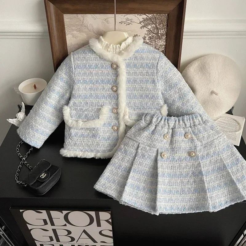 Girls' Suit Winter New Girls' Tweed Blue Small Fragrance Long-sleeved Coat + Style Thick Skirt Two-piece Set