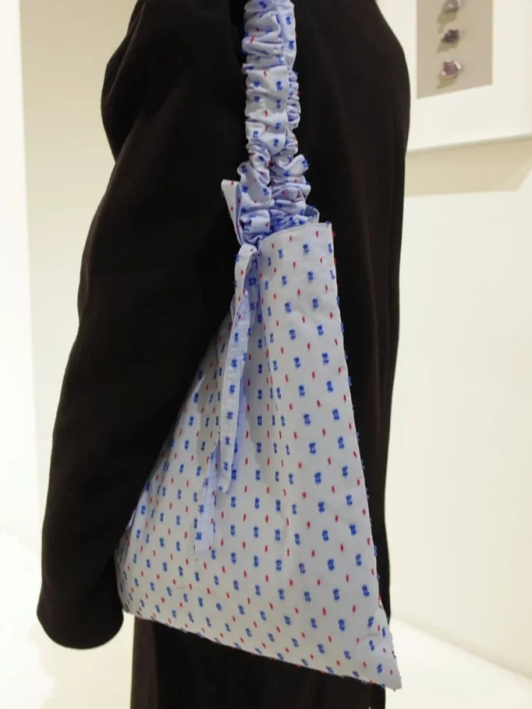 Korean Blue Print Bow Ruched Casual Large Capacity Handbag Tote Bags Women Commute Shoulder Bag