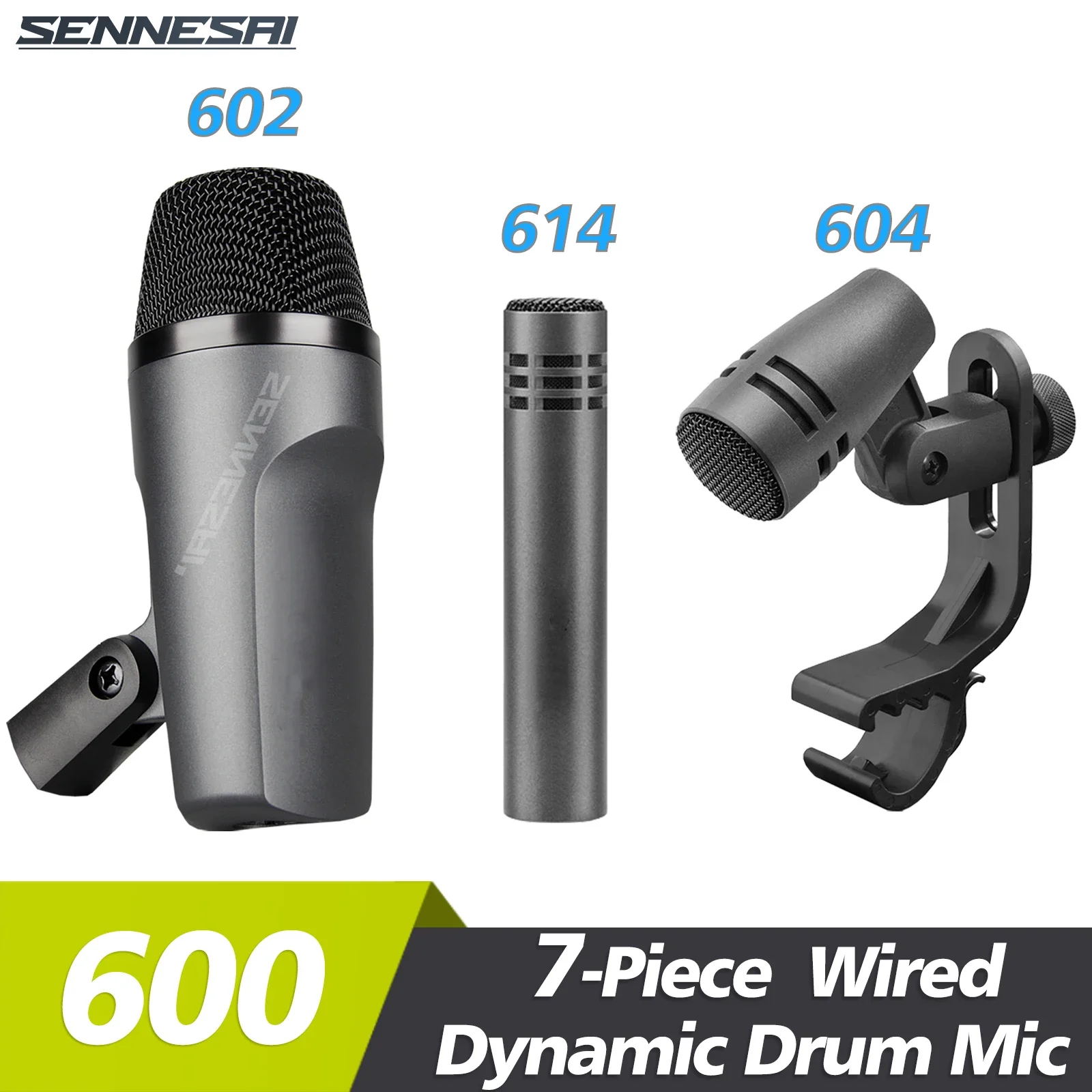 SENNESAI E600 7-Piece E614 E604 Wired Dynamic Drum Microphone (Whole Metal)- Kick Bass, Tom/Snare & Cymbals Mic Set - Use