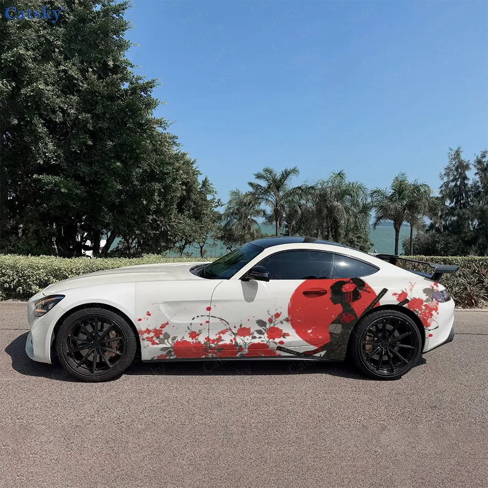 

2pcs Japanese Tattoo Style Geisha Car Side Wraps, Self-Adhesive PVC Waterproof & Scratch-Resistant Stickers, Car Accessory Gift