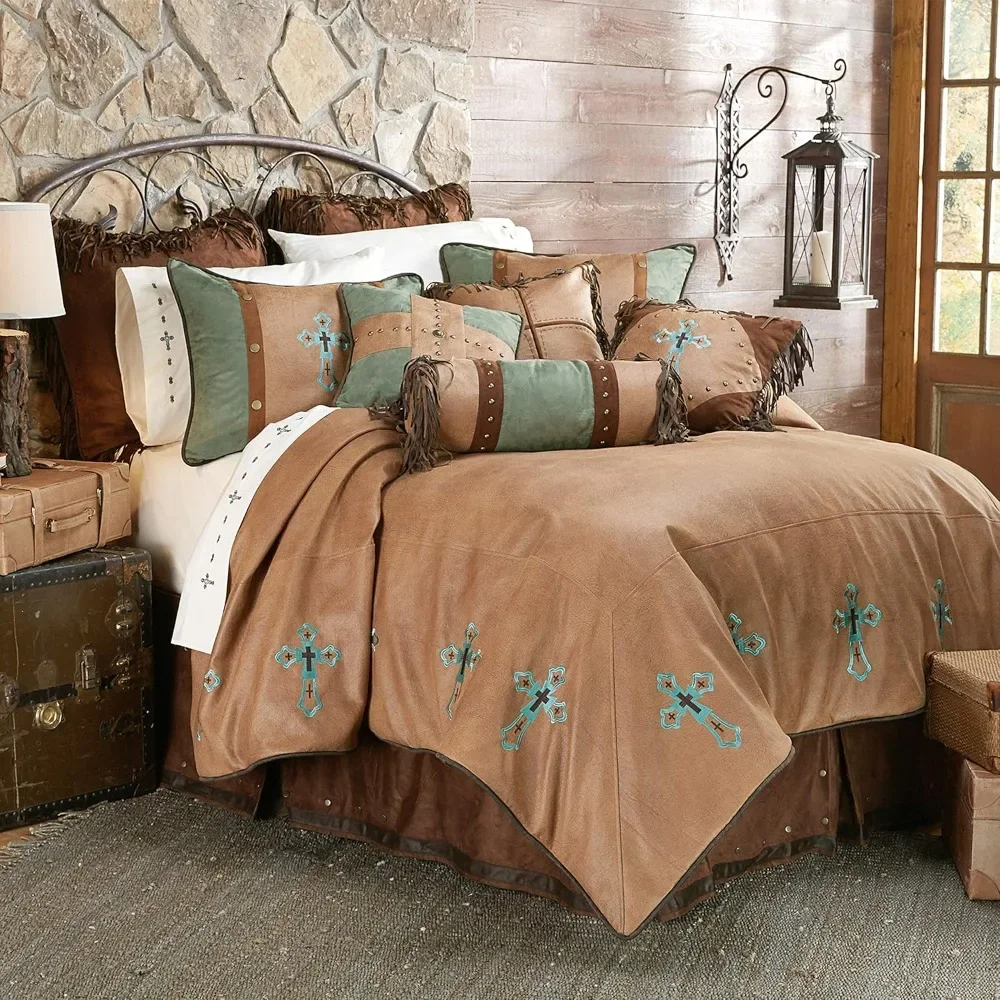 

Las Cruces II Western Bedding 5 Piece Super King Comforter Set, Tan Turquoise Cross Embroidery Rustic Bedding