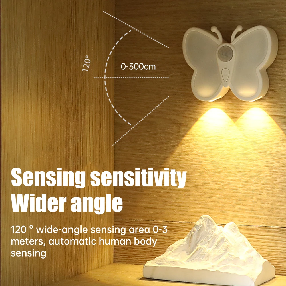 Wireless Sensor Night Light Rechargeable Magnetic Suction Bedroom Lamp 3-Mode Dimmable Butterfly Light for Aisle Porch Hallway