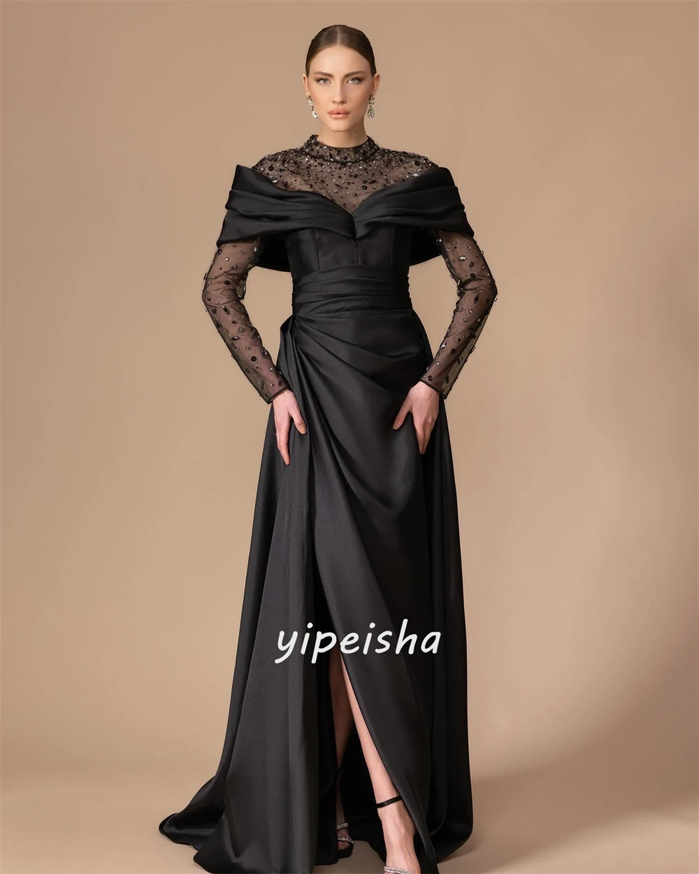 Customized  Evening Satin Rhinestone Draped Celebrity A-line High Collar Bespoke Occasion Gown Long Dresses