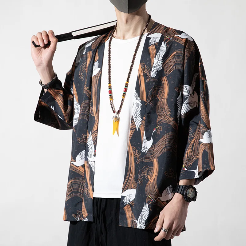 

Chinese Style Traditional Kimono Yukata Cardigan Plus Size 5XL Men Japanese Samurai Costume Male Casual Print Crane Haori Shirt