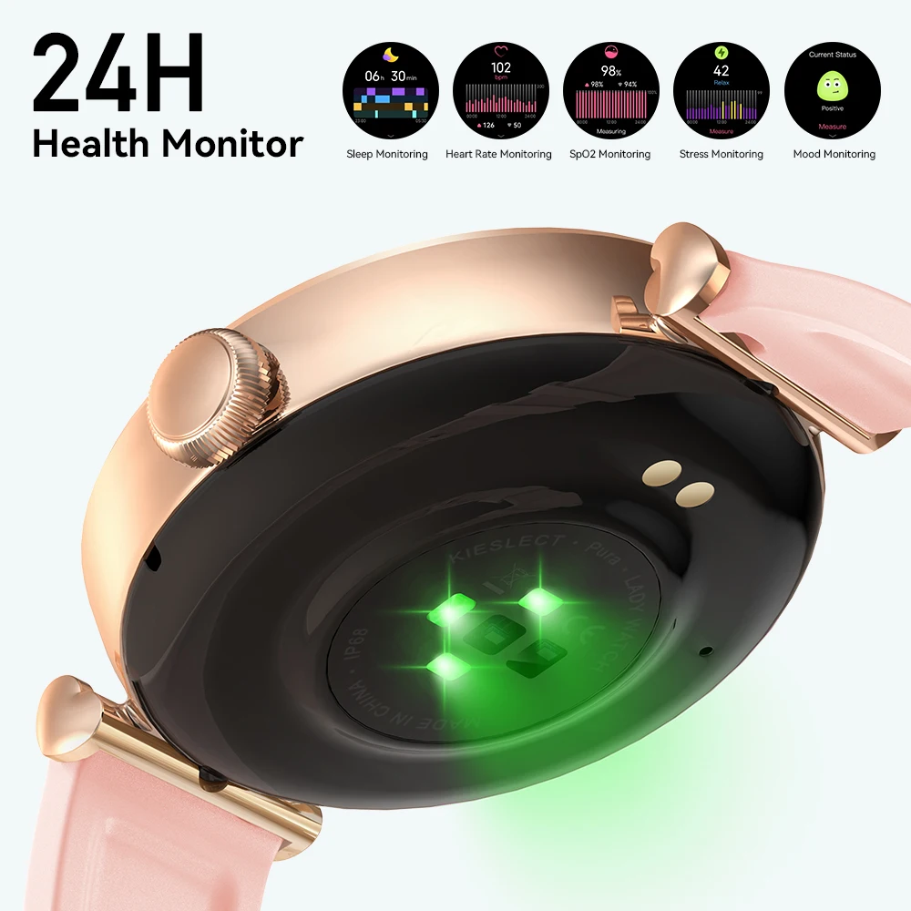 ساعة ذكية Kieslect Lady Calling Pura بشاشة AMOLED مقاس 1.19 بوصة IP68 مقاومة للماء لنظام Android iOS مع مراقب معدل ضربات القلب
