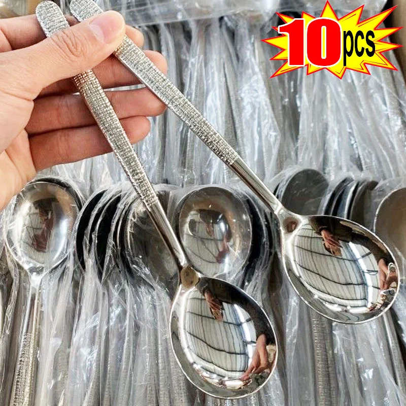 1/10PCS Stainless Steel Spoon Long Handle Rice Spoon Dessert Spoon Home Public Scoops Tablespoons Multipurpose Kitchen Tableware