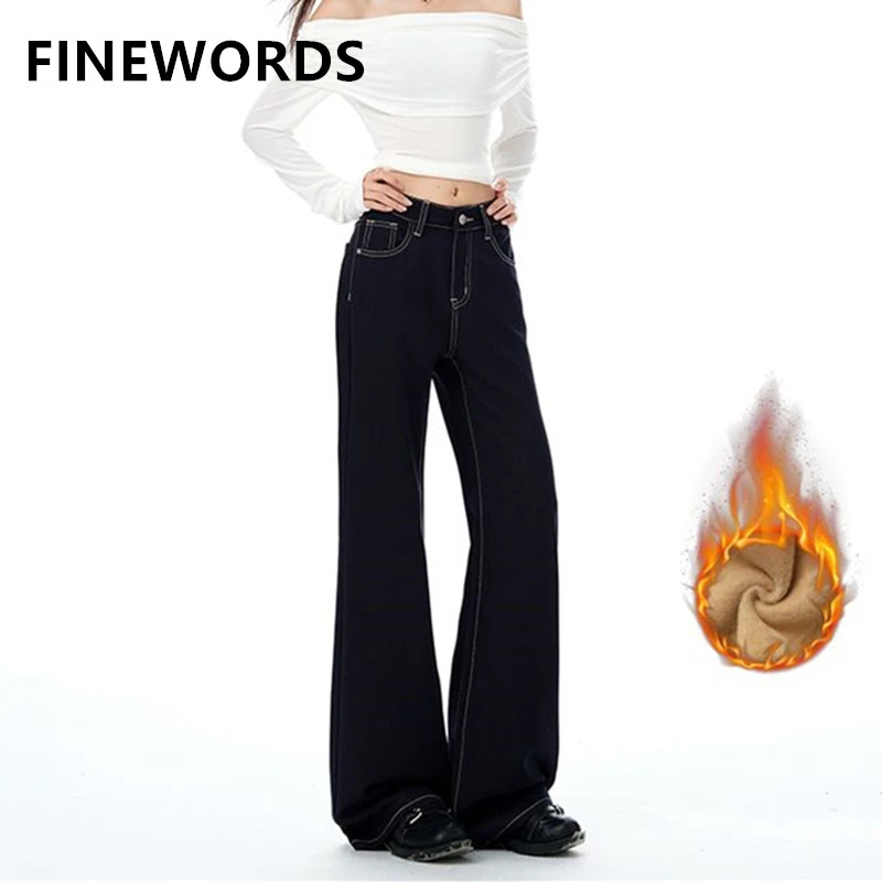 

FINEWORDS винтажные корейские утепленные зимние расклешенные джинсы женские повседневные теплые кашемировые джинсы с расклешенным низом уличная одежда джинсы с высокой талией